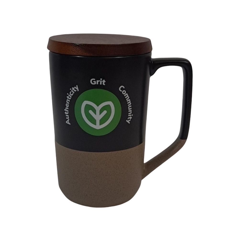 Leed's Speckled Ceramic Wooden Lid Coffee Mug Promotional NEW
